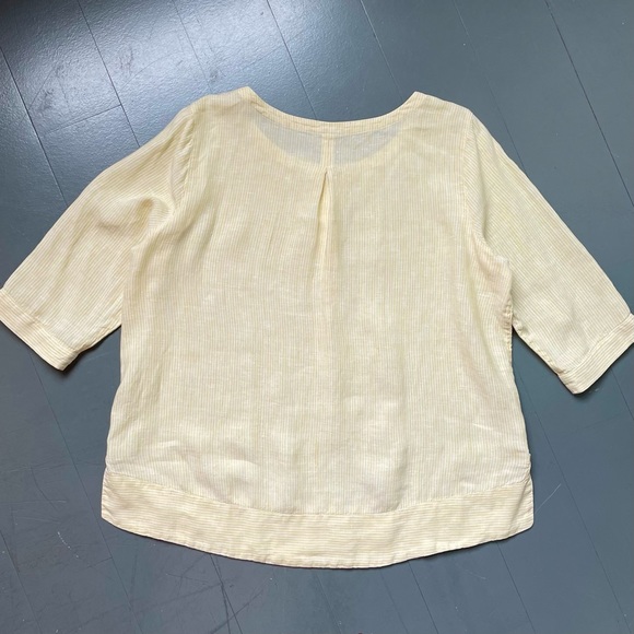 100% Linen Top Minimalist Large Buttery Yellow White Striped Casual Blouse Shirt - Picture 6 of 9
